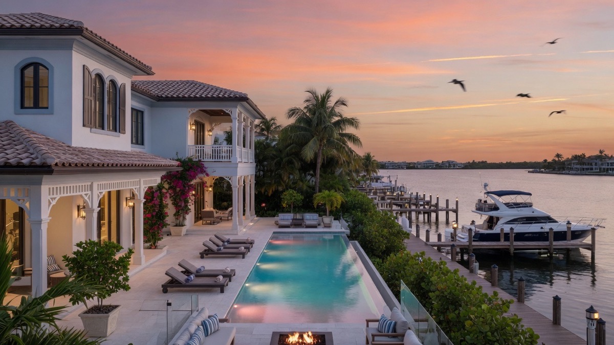 Bayfront home with pool and boat dock at sunset