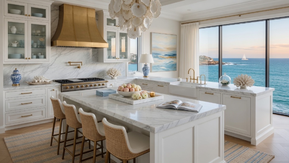 Luxury waterfront kitchen with ocean views
