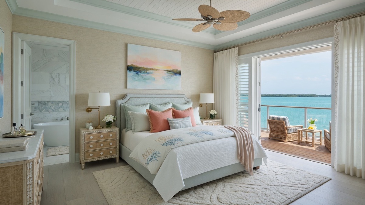 Luxury master bedroom with waterfront balcony